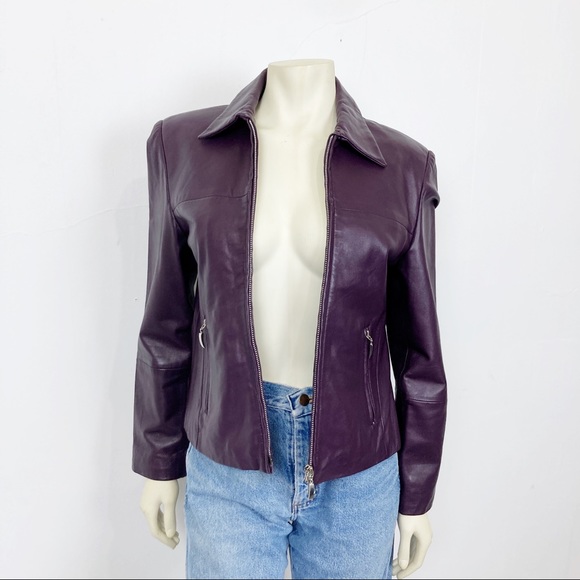 Vintage y2k purple leather jacket plum short cropped minimalist chic fitted - Picture 3 of 15